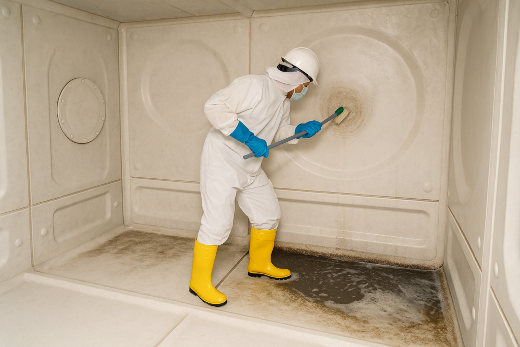 Certified technician performing water tank cleaning and disinfection
