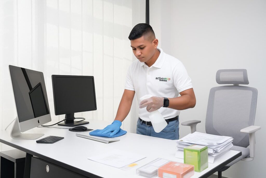 one cleaning staff disinfecting office desk, we are serving Cleaning Services in DIFC, Business Bay and Downtown