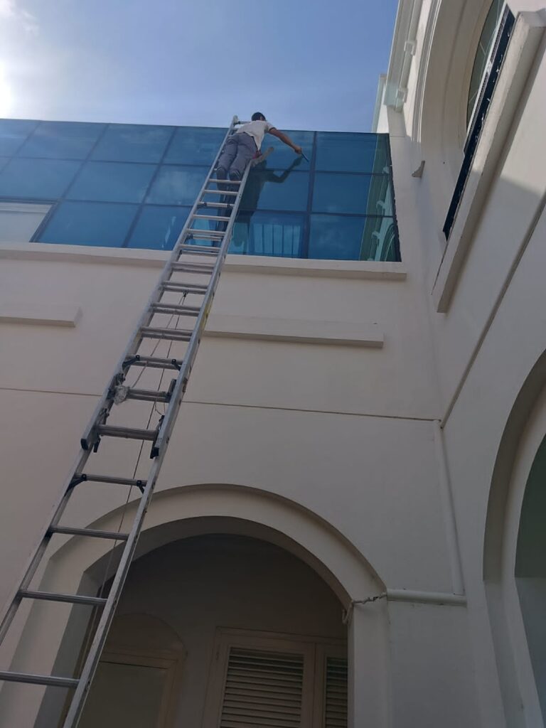 Professional cleaner using an external ladder to clean villa glass windows in Dubai Hills. best Cleaning Services in Dubai Hills | Deep Cleaning