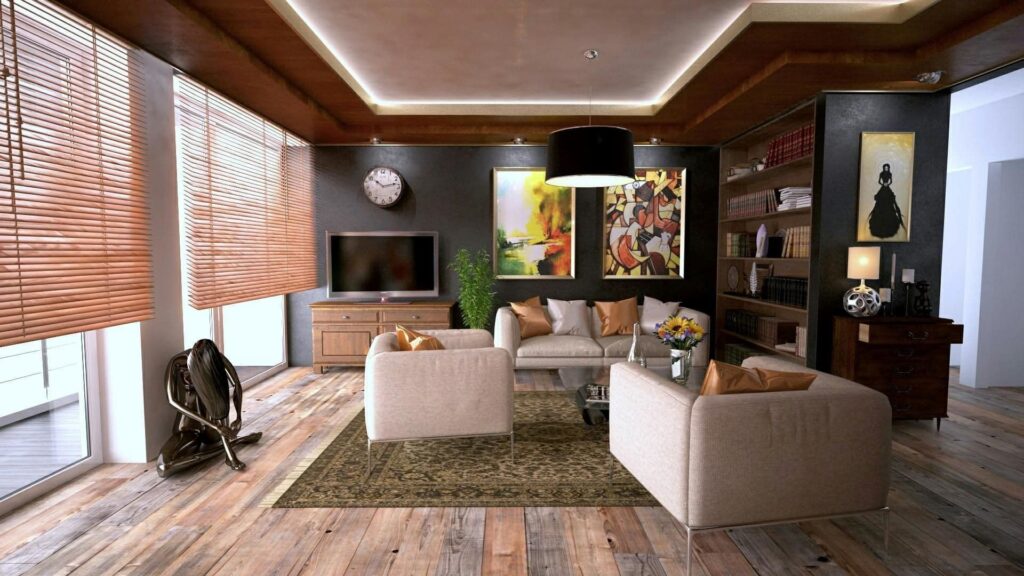 Luxury bedroom with glossy hardwood floors after professional refinishing in Dubai.