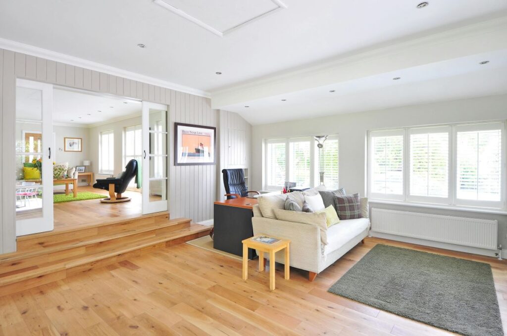 Elegant wooden floor in a Dubai living hall after sanding and polishing