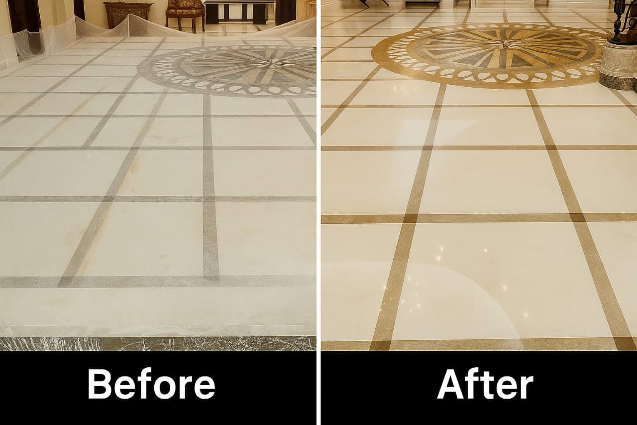 Before marble polishing in Dubai showing dull, scratched floor surface