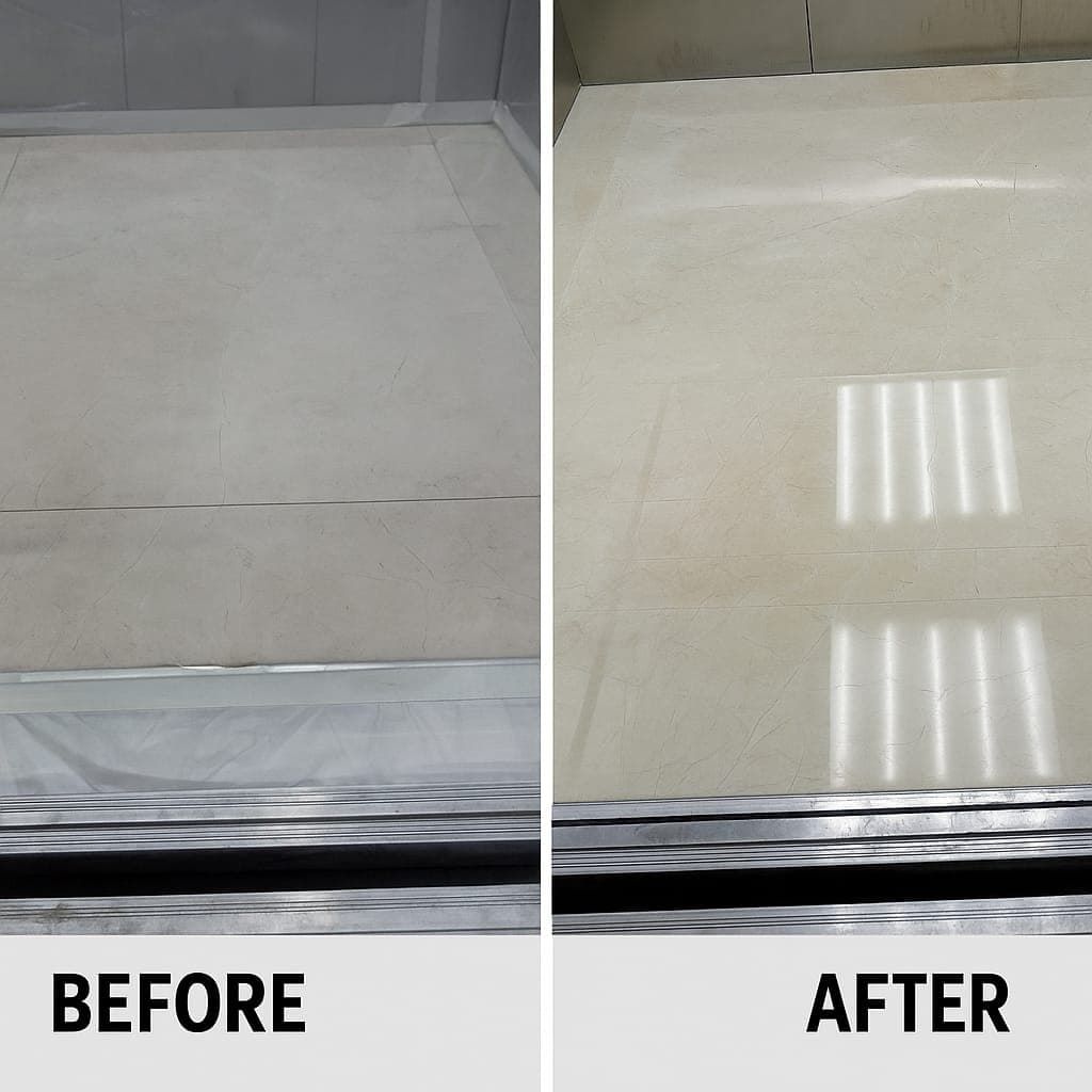 After marble polishing in Dubai mall lobby with mirror-like gloss finish