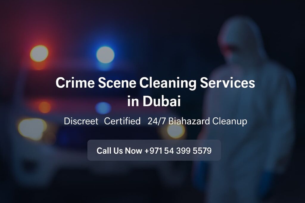Professional crime scene cleaner in Dubai with emergency lights in the background