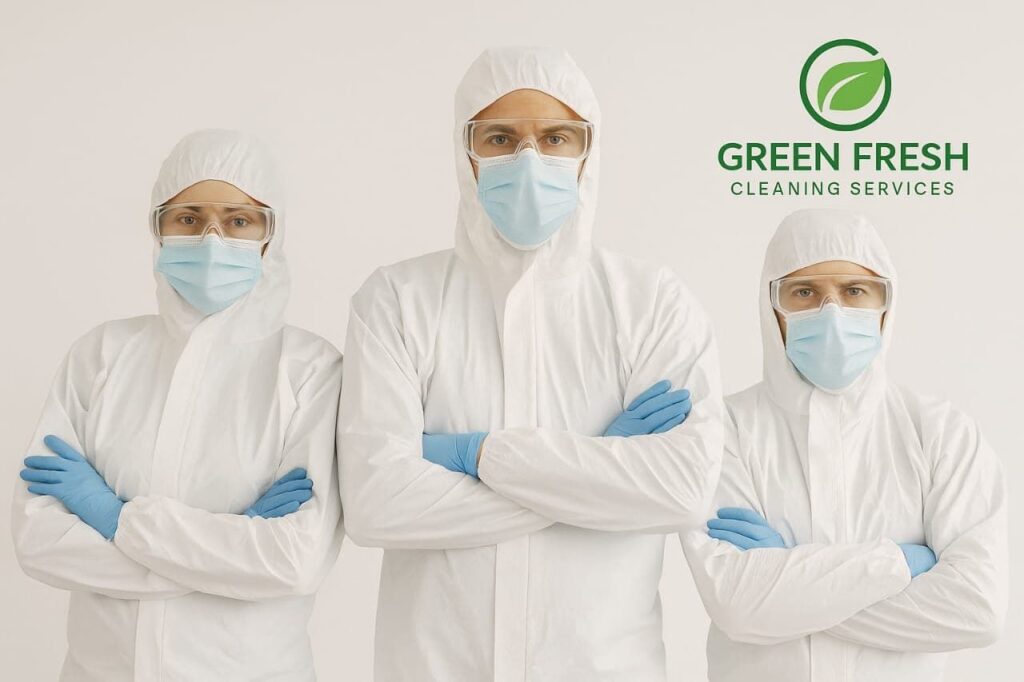 Green Fresh Cleaning Services team in PPE ready for biohazard cleanup. Crime Scene Cleanup in Dubai