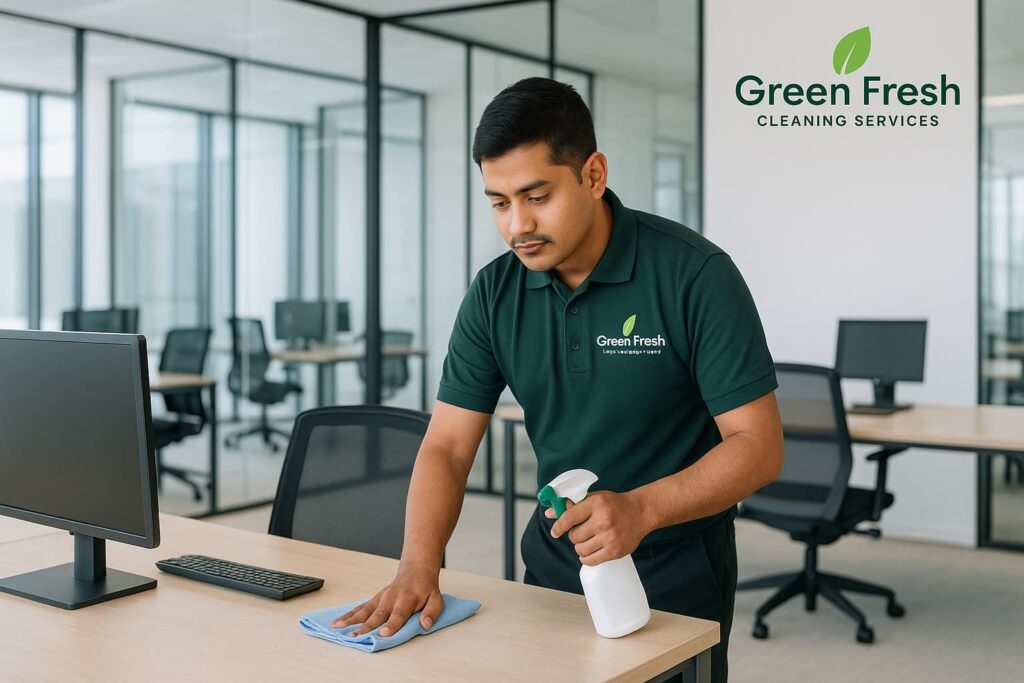 Professional Nepali cleaner in Green Fresh Cleaning Services uniform sanitizing an office desk with spray bottle and microfiber cloth in a modern glass-partitioned office.