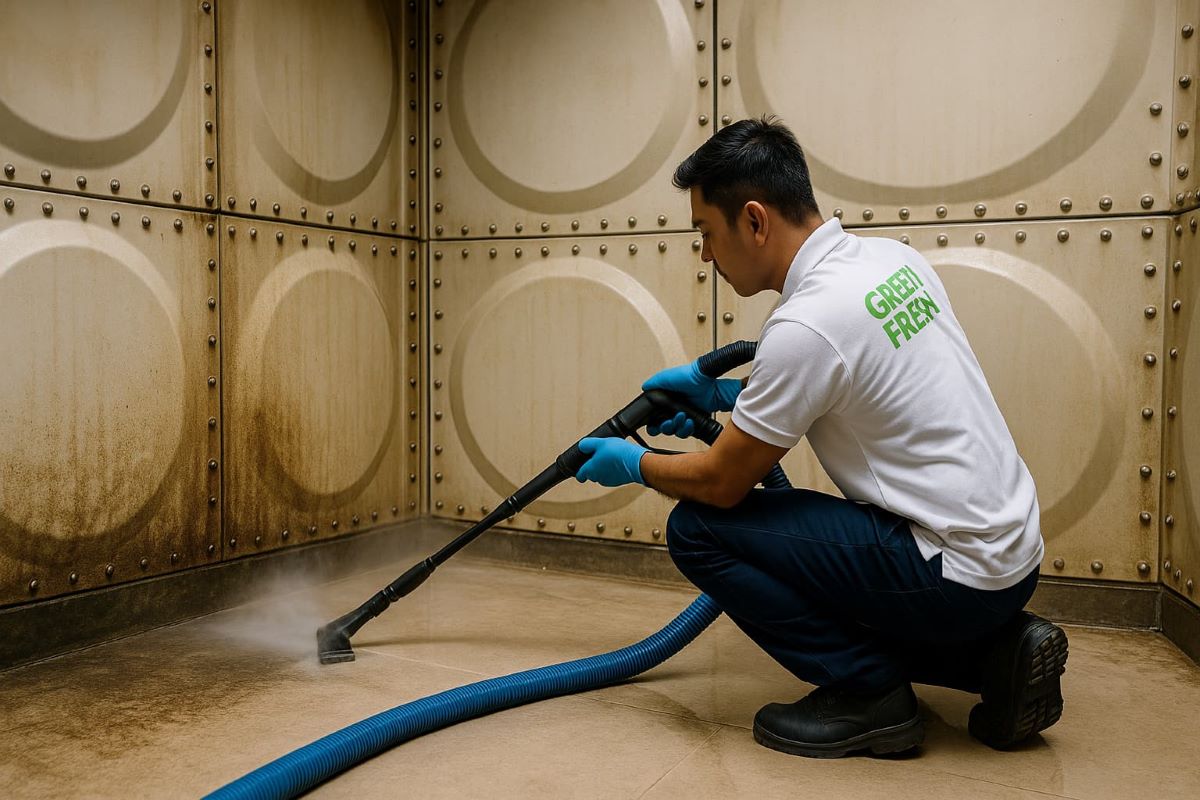 Cleaner from Green Fresh cleaning an office desk in Dubai