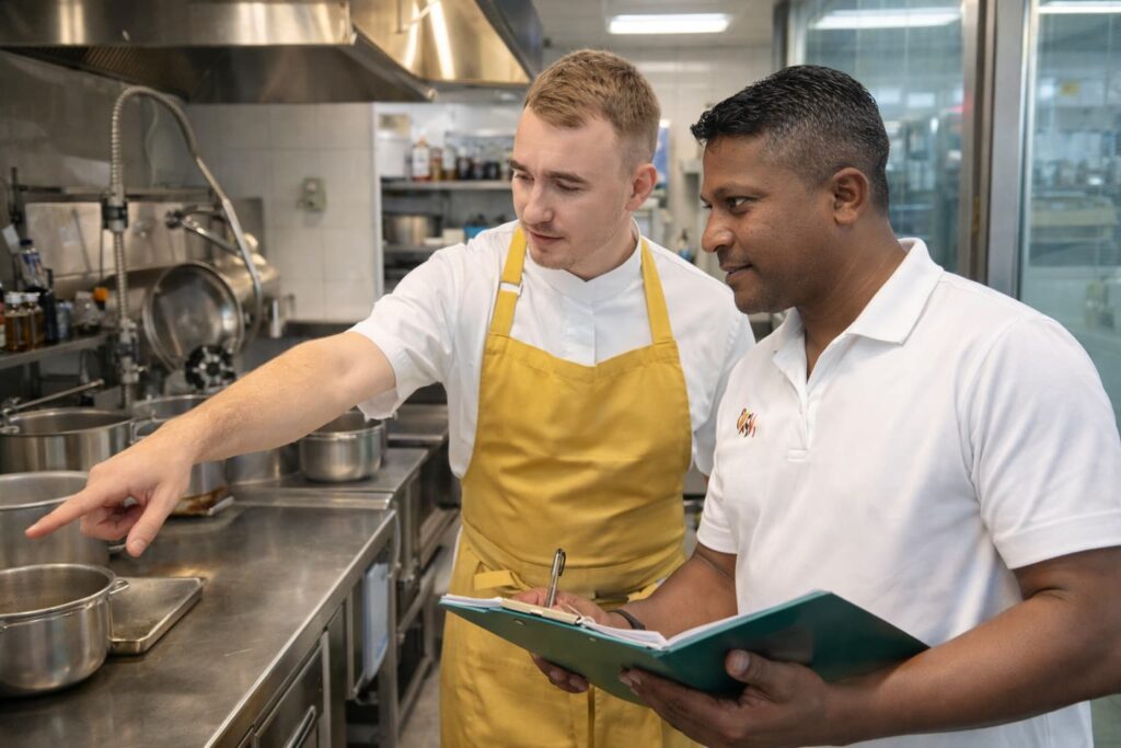 Kitchen steward supplier visiting a restaurant kitchen in Dubai for hygiene and quality inspection with executive chef