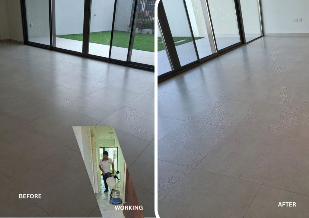 Before and after floor cleaning.